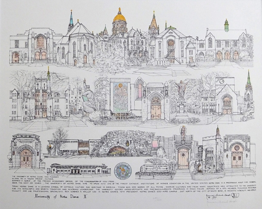 University of Notre Dame  a pen and ink drawing by KP Singh