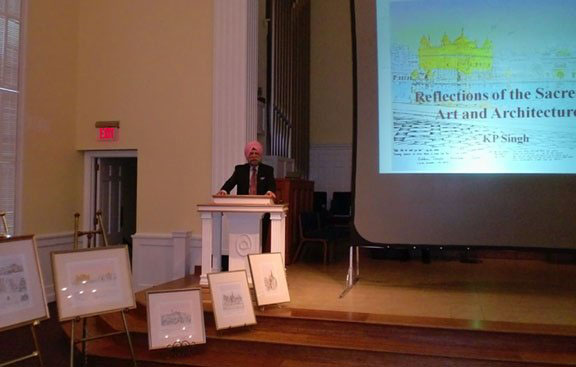 “KP in front of auditorium at Northminster Presbyterian Church delivering comments about arts and architecture.”