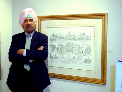 KP standing next to his drawing 'Cathedrals of Spirit' at Editions Limited Gallery