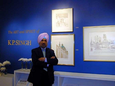 KP standing of three of his drawings at Editions Limited Gallery