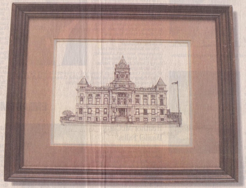 Photo of KP Singh's drawing of the Johnson County Courthouse in Indiana