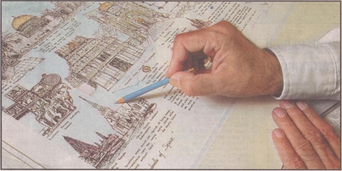 K.P. Singh points out highlights of his drawing 'Cathedrals of Spirit.'